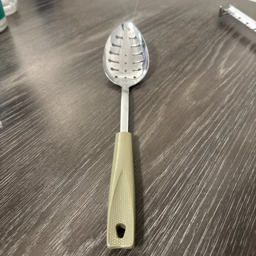 EKCO Chromium Plated Stainless Slotted Serving Spoon Black‎ Handle Utensil USA